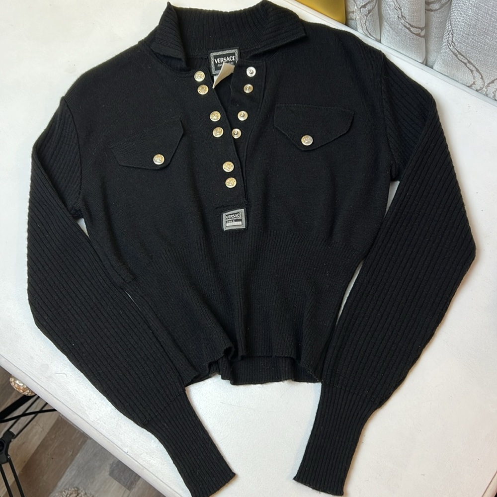 Versace Black Sweater size  Small knif top ribbed sleeves Versace jeans, couture